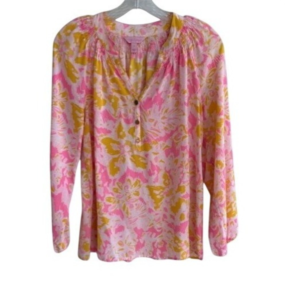 Lilly Pulitzer Elsa Silk Top Pink Yellow Floral Smocked Blouse Small